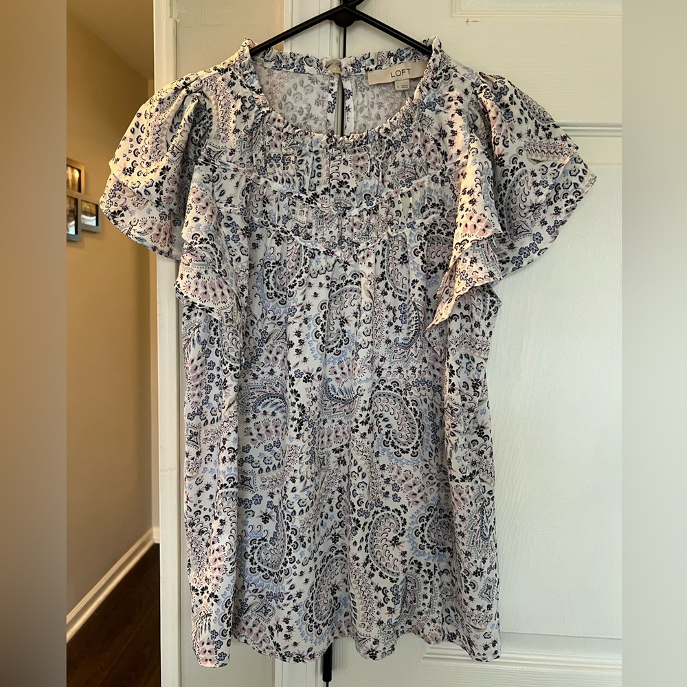 LOFT Paisley Floral Print Blouse Top - Gray Blue Pink White-Women Small